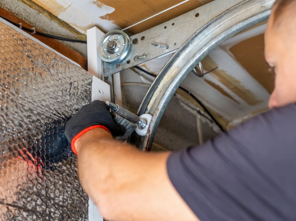 Technicien menuisier en position de travail réparant le mécanisme d'une serrure sur une porte d'entrée en aluminium, utilisant des outils appropriés, photographié de manière à montrer clairement l'action de réparation et la porte en aluminium comme matériau.