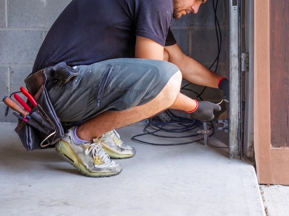 Technicien dépanneur réparant une sangle de levage cassée sur une porte de garage sectionnelle blanche, ouvrant le panneau supérieur de la porte pour accéder au mécanisme, tournevis et équipement de réparation visibles.