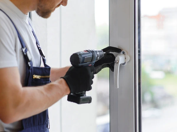Un technicien en salopette bleue installe ou ajuste une fenêtre à double vitrage dans un intérieur résidentiel moderne