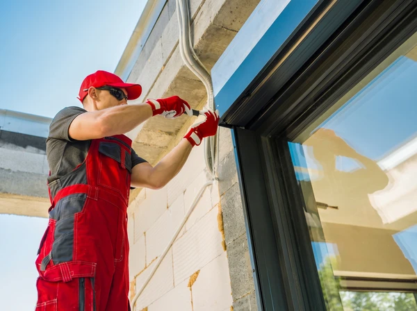 Ouvrier en salopette bleue et casquette installant une fenêtre coulissante sur façade extérieure d'habitation